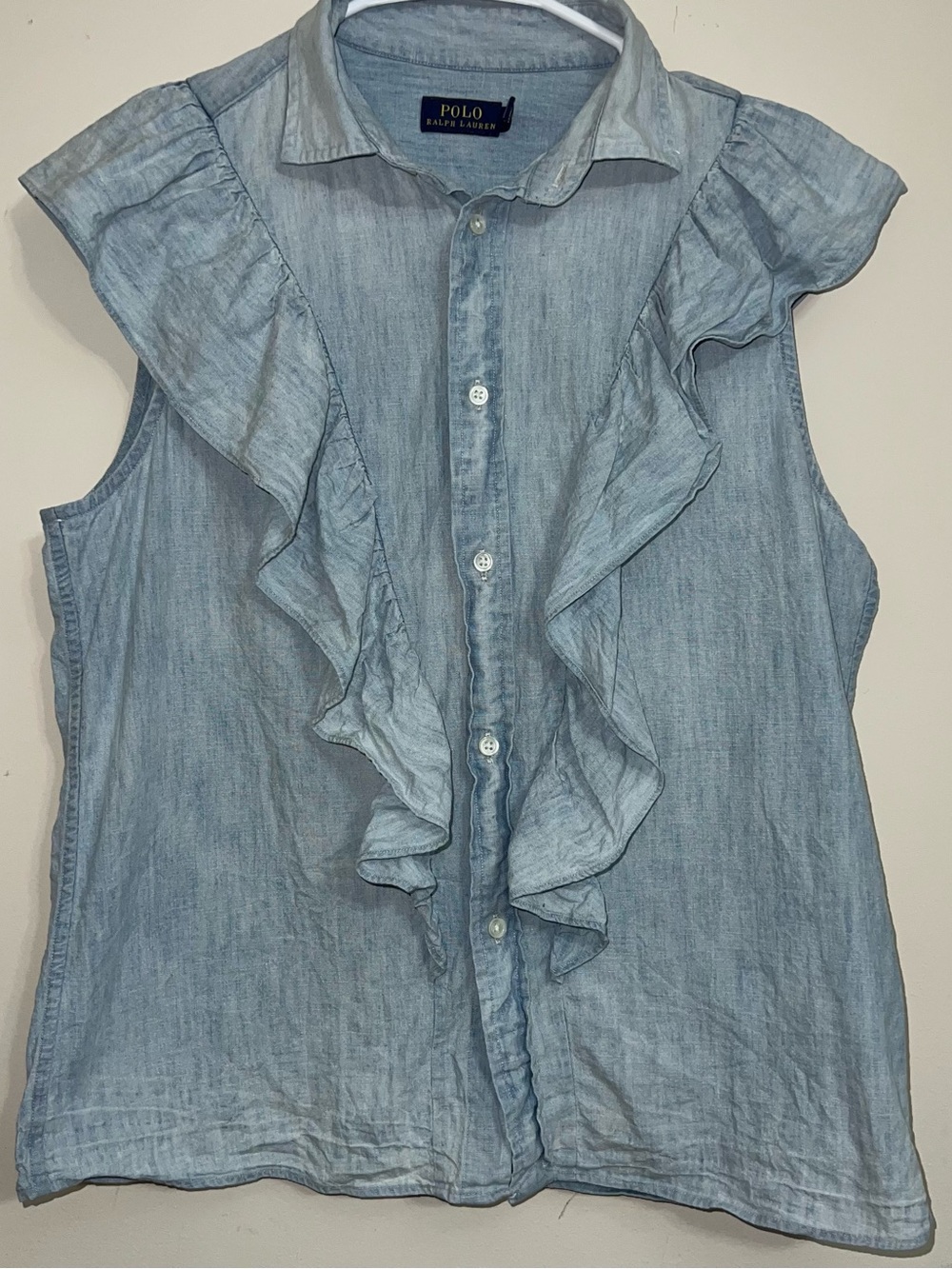 Polo by Ralph Lauren Light Blue Ruffle Sleeveless Chambray Top Size M